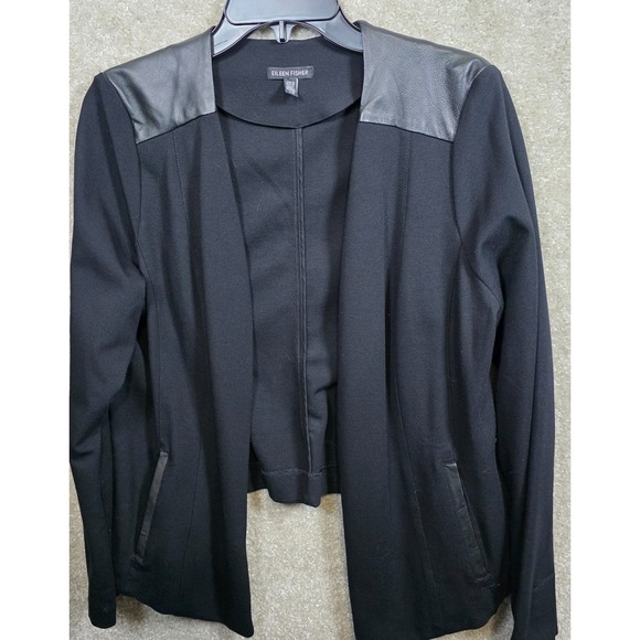 Eileen Fisher Open Jacket Womens Large Black‎ Leather Shoulder Trim High Low Hem - Picture 1 of 6